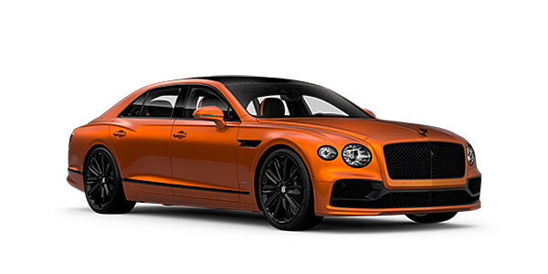Bentley Dubai Bentley Flying Spur Speed front side angled view in Orange Flame coloured exterior. 