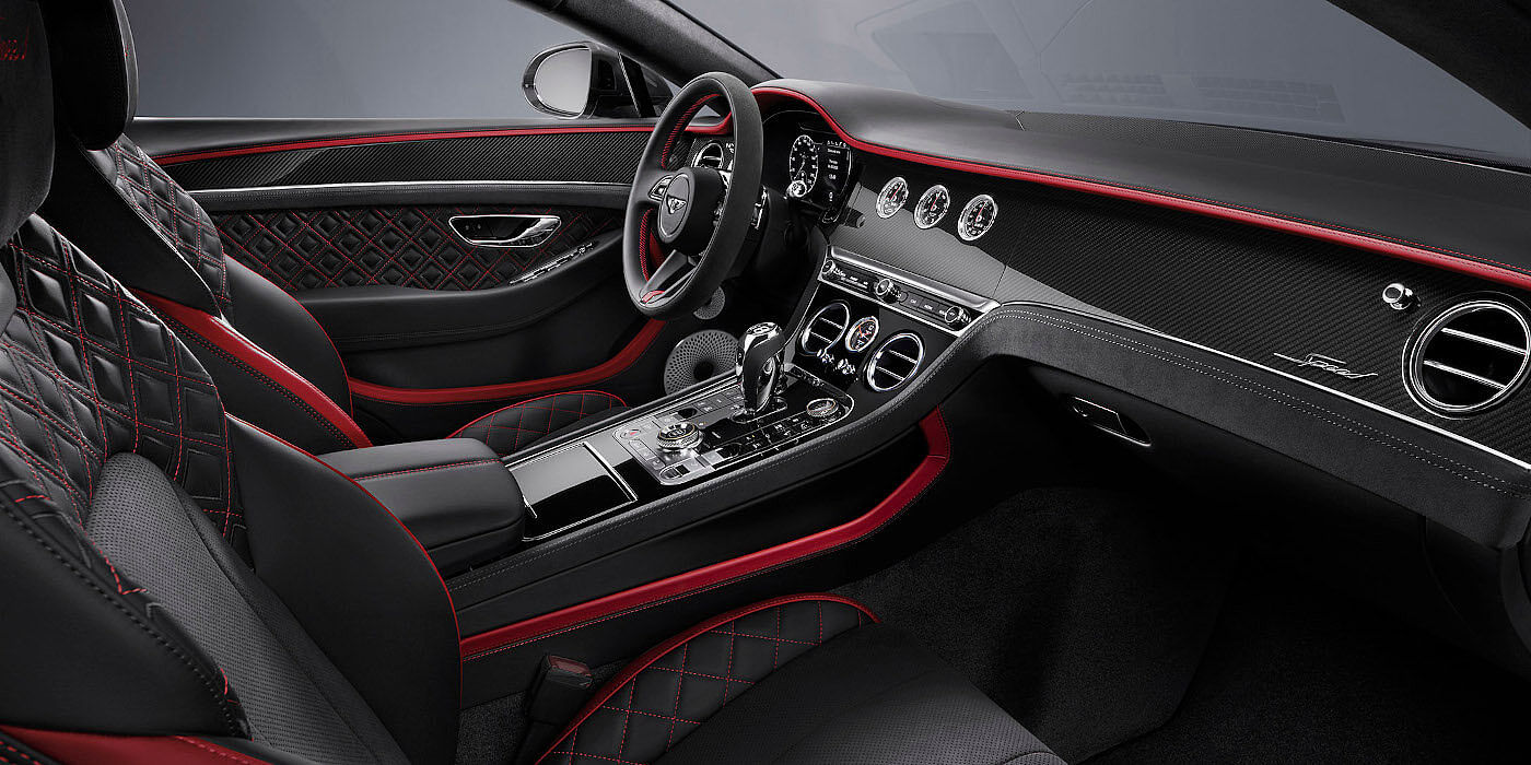 Bentley Emirates -  Dubai Bentley Continental GT Speed coupe front interior in Beluga black and Hotspur red hide