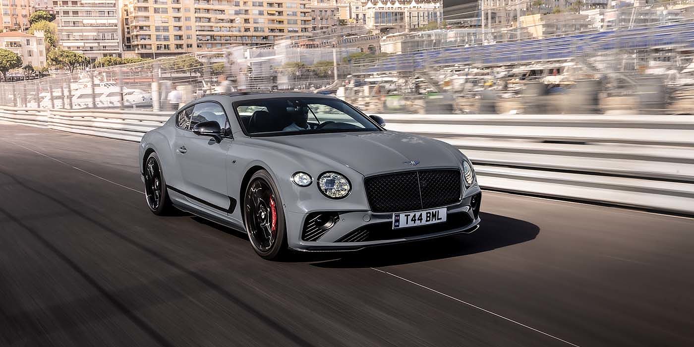 Bentley Emirates -  Dubai Bentley Continental GT S coupe in Cambrian Grey paint front 34 dynamic driving on track