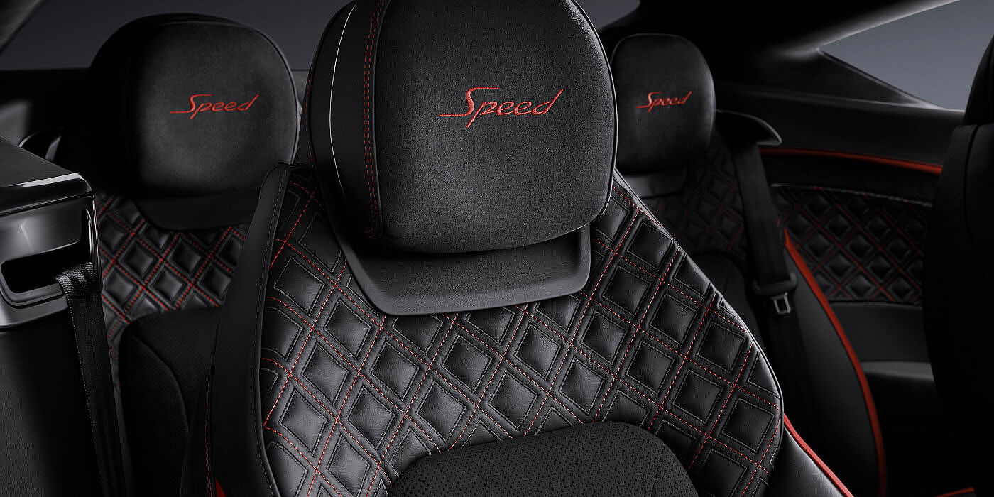 Bentley Emirates -  Dubai Bentley Continental GT Speed coupe seat close up in Beluga black and Hotspur red hide