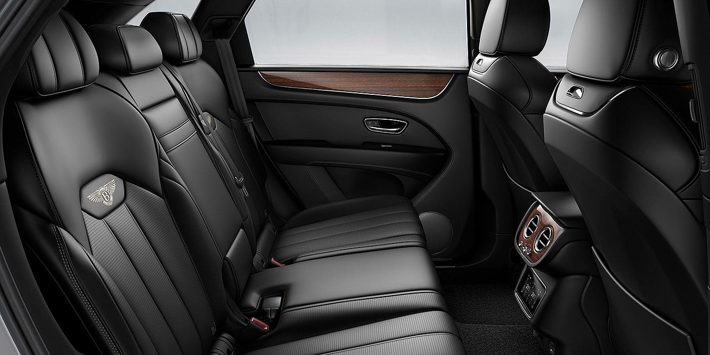 Bentley Emirates -  Dubai Bentey Bentayga interior view for rear passengers with Beluga black hide.