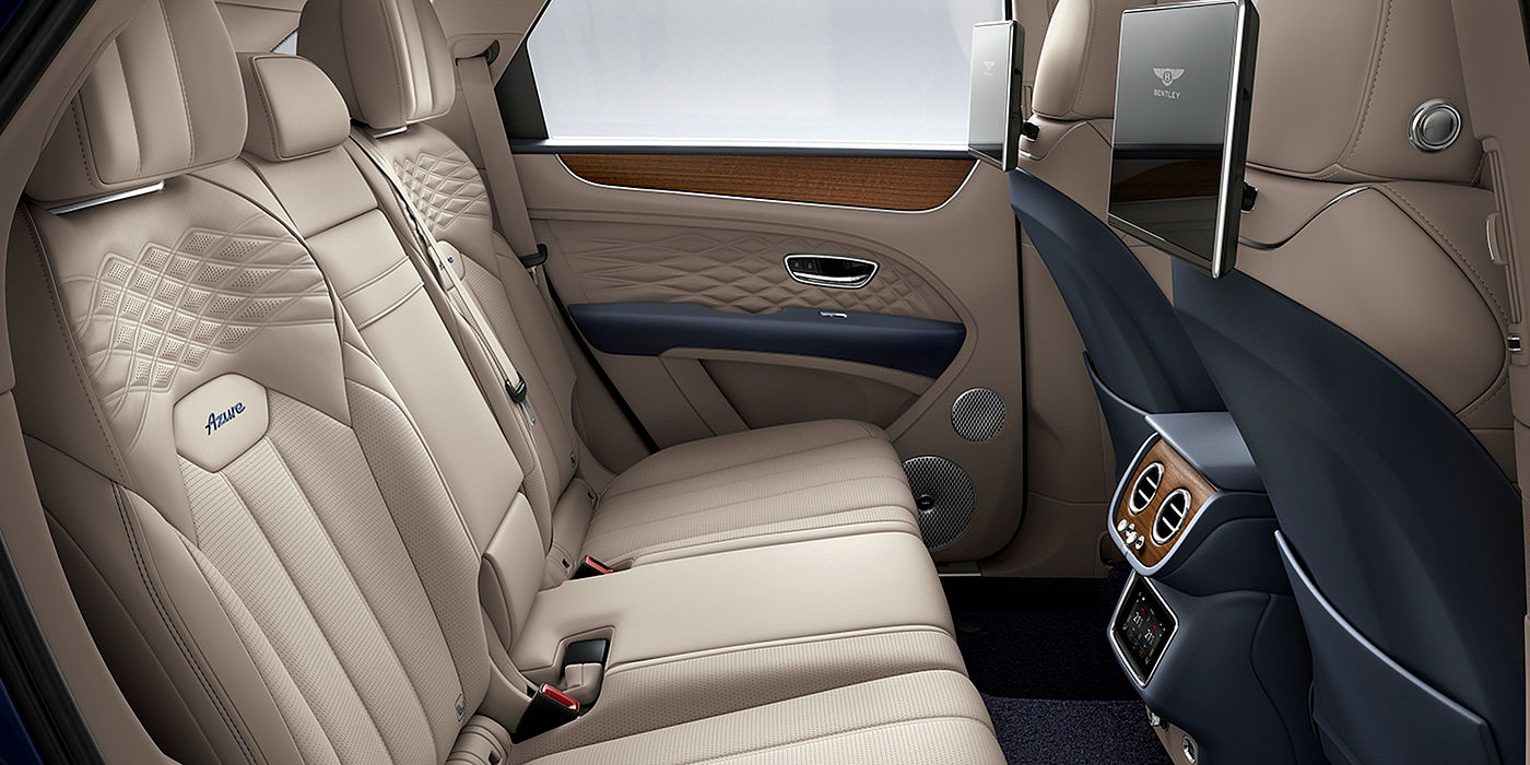 Bentley Emirates -  Dubai Bentey Bentayga Azure interior view for rear passengers with Portland hide and Rear Seat Entertainment. 