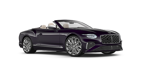 Bentley Dubai Bentley New Continental GTC Mulliner convertible front three quarter view in Damson paint with 22 inch Mulliner painted and polished wheel