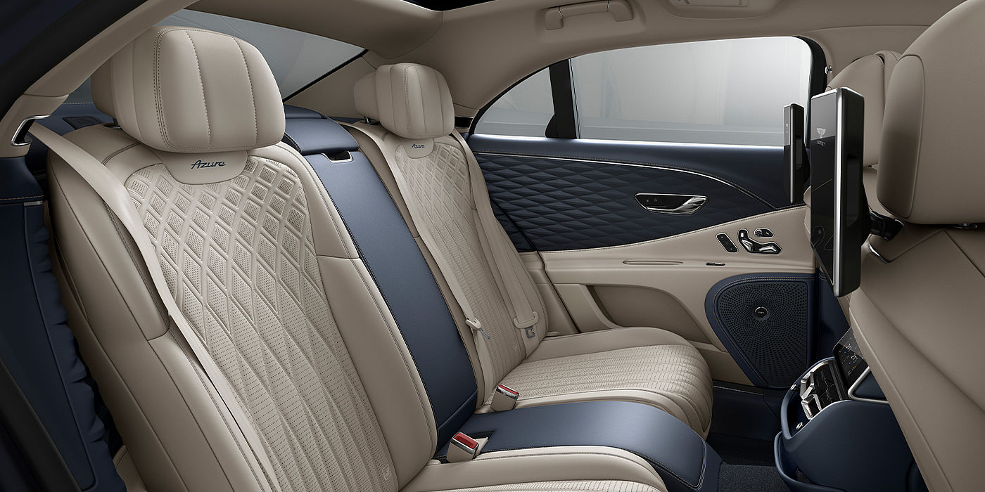 Bentley Emirates -  Dubai Bentley Flying Spur Azure sedan rear interior in Imperial Blue and Linen hide