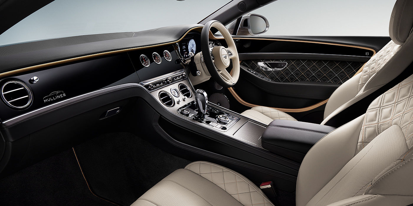 Bentley Emirates -  Dubai Bentley Continental GT Mulliner coupe front interior in Beluga black and Linen hide