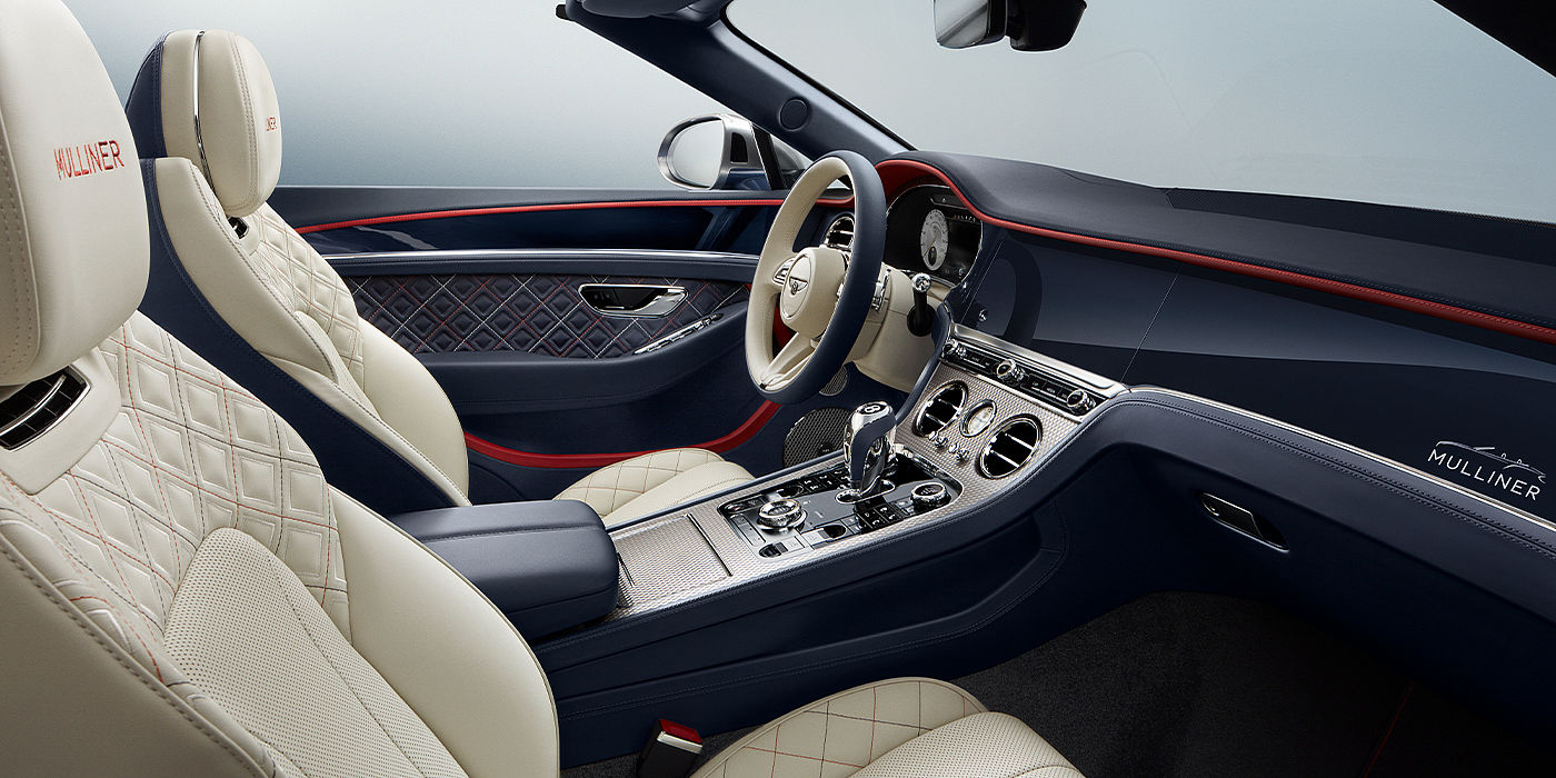 Bentley Emirates -  Dubai Bentley Continental GTC Mulliner convertible front interior in Imperial Blue and Linen hide