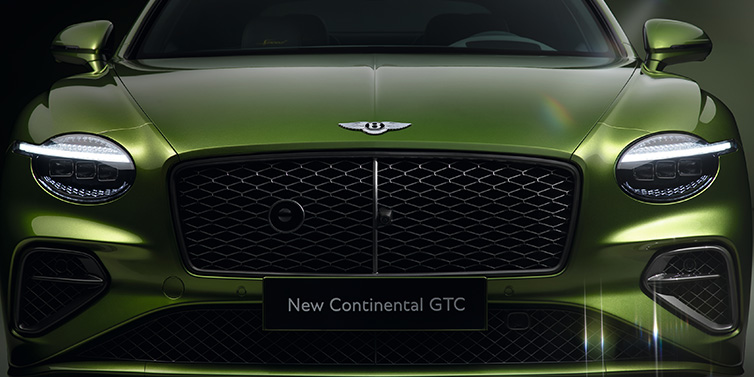 Bentley Dubai Bentley Continental GTC Speed convertible front bonnet detail in Tourmaline Green paint showing new light design