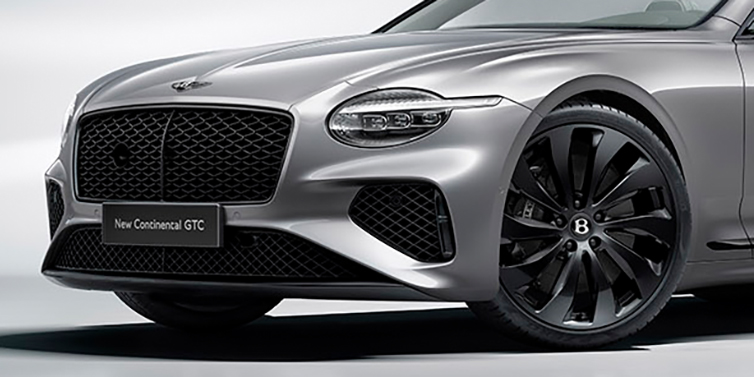 Bentley Dubai New Bentley Continental GTC bonnet in Silverlake paint and Black Specification, featuring black 22 inch ten spoke wheels and black matrix grille and exterior finishes