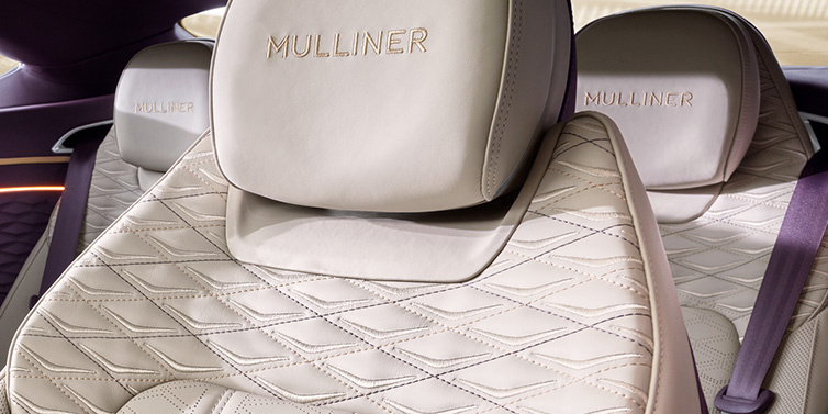 Bentley Dubai Bentley Continental GT Mulliner coupe seat detail in Linen leather with Mulliner Diamond in Diamond quilting and Mulliner embroidered seat emblem